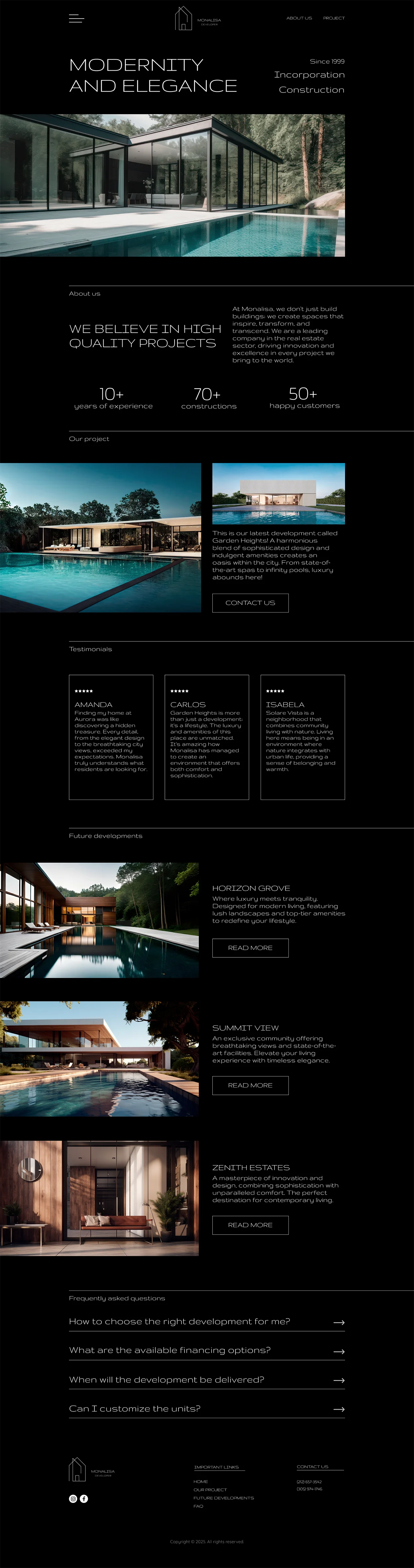 Modern architecture website mockup with dark theme showcasing luxury homes, pools, and elegant minimalist design elements.