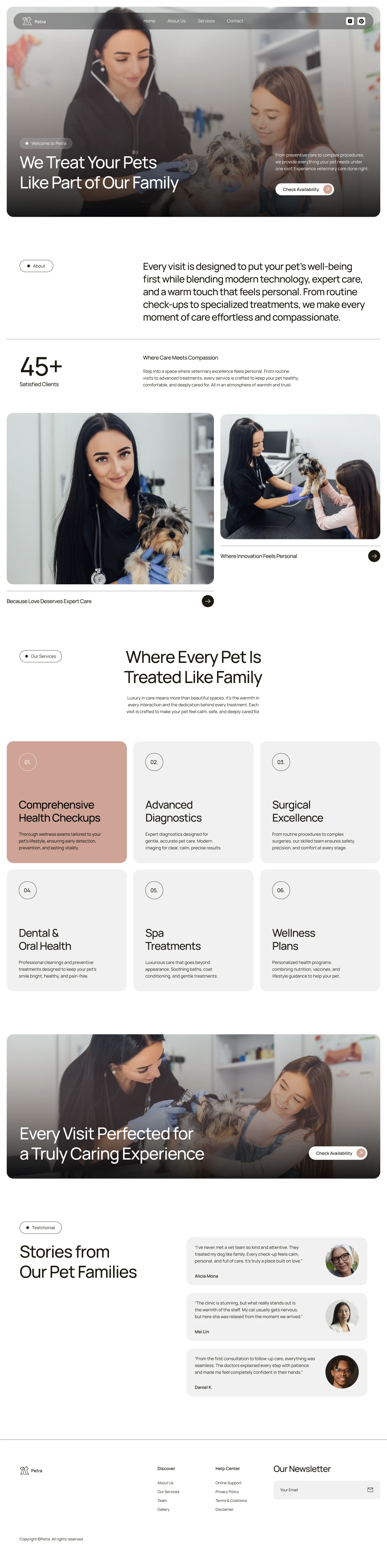 Full-page website mockup for a pet care service featuring photos of veterinarians, pets, and service highlights in a clean modern layout.