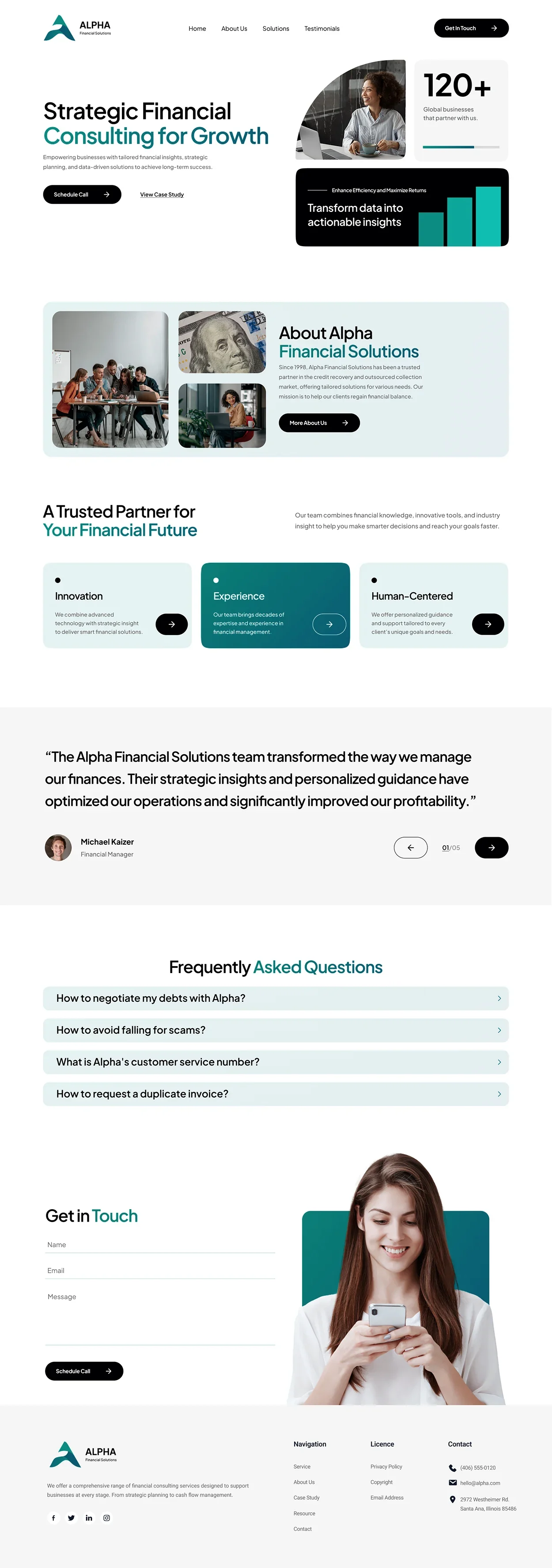 Financial consulting website mockup featuring modern layout with business imagery, service highlights, testimonials, and contact form.