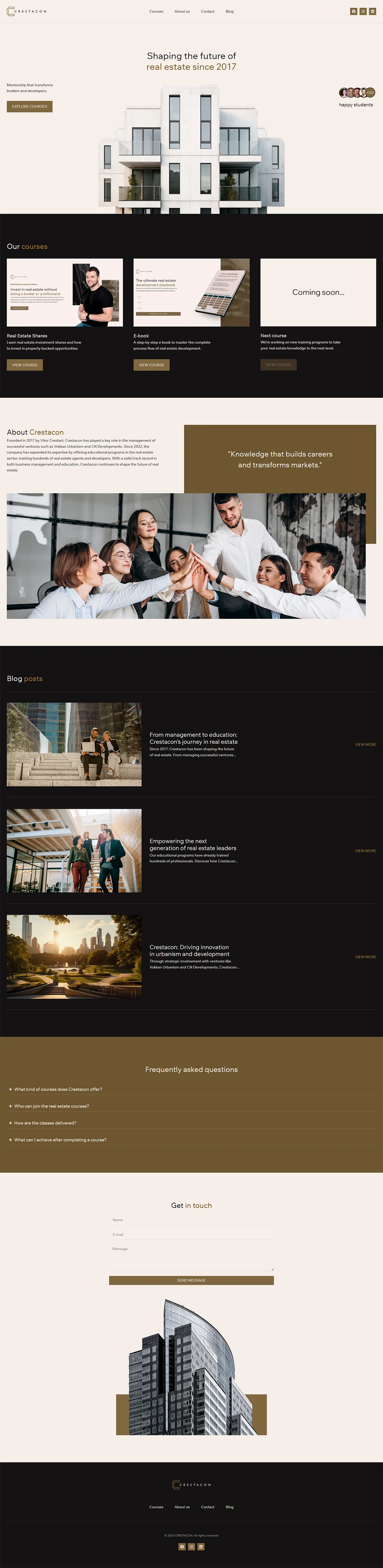 Construction company website mockup with modern building visuals, team collaboration photo, and elegant beige and gold layout.