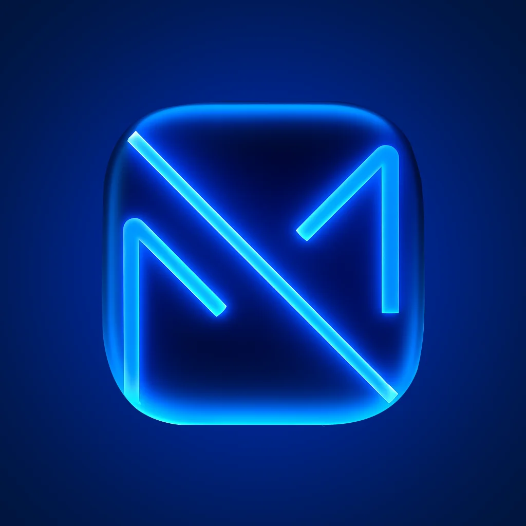 3D neon blue logo with stylized M shape on dark blue background, representing a modern digital brand.