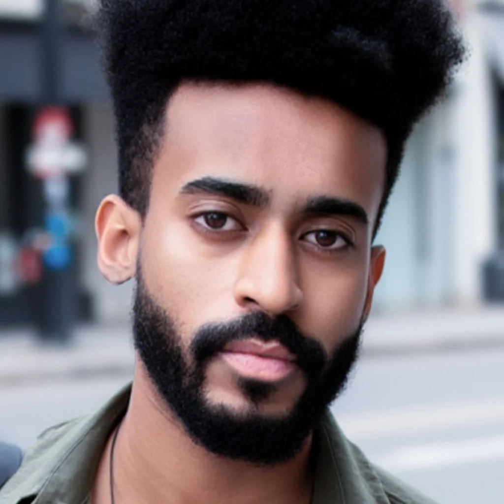 Portrait of a man with short curly hair and beard looking at the camera outdoors.
